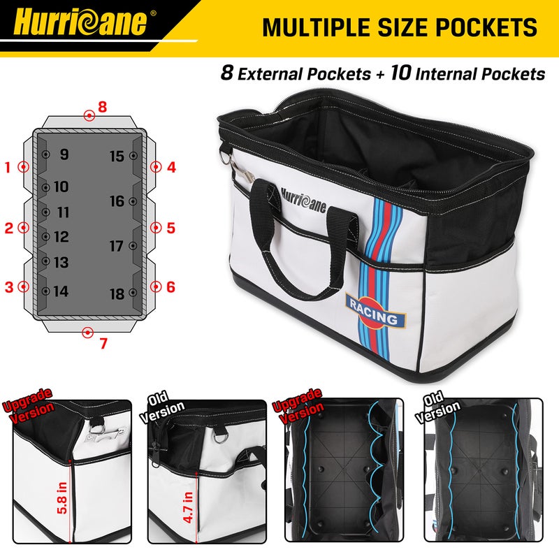 HURRICANE 16 inch Wide Mouth Tool Bag with Water Proof Molded Base with Extra Shoulder Strap, Upgrade Version, Racing theme-White, Multi Pockets, Large Inner Space - Image 4